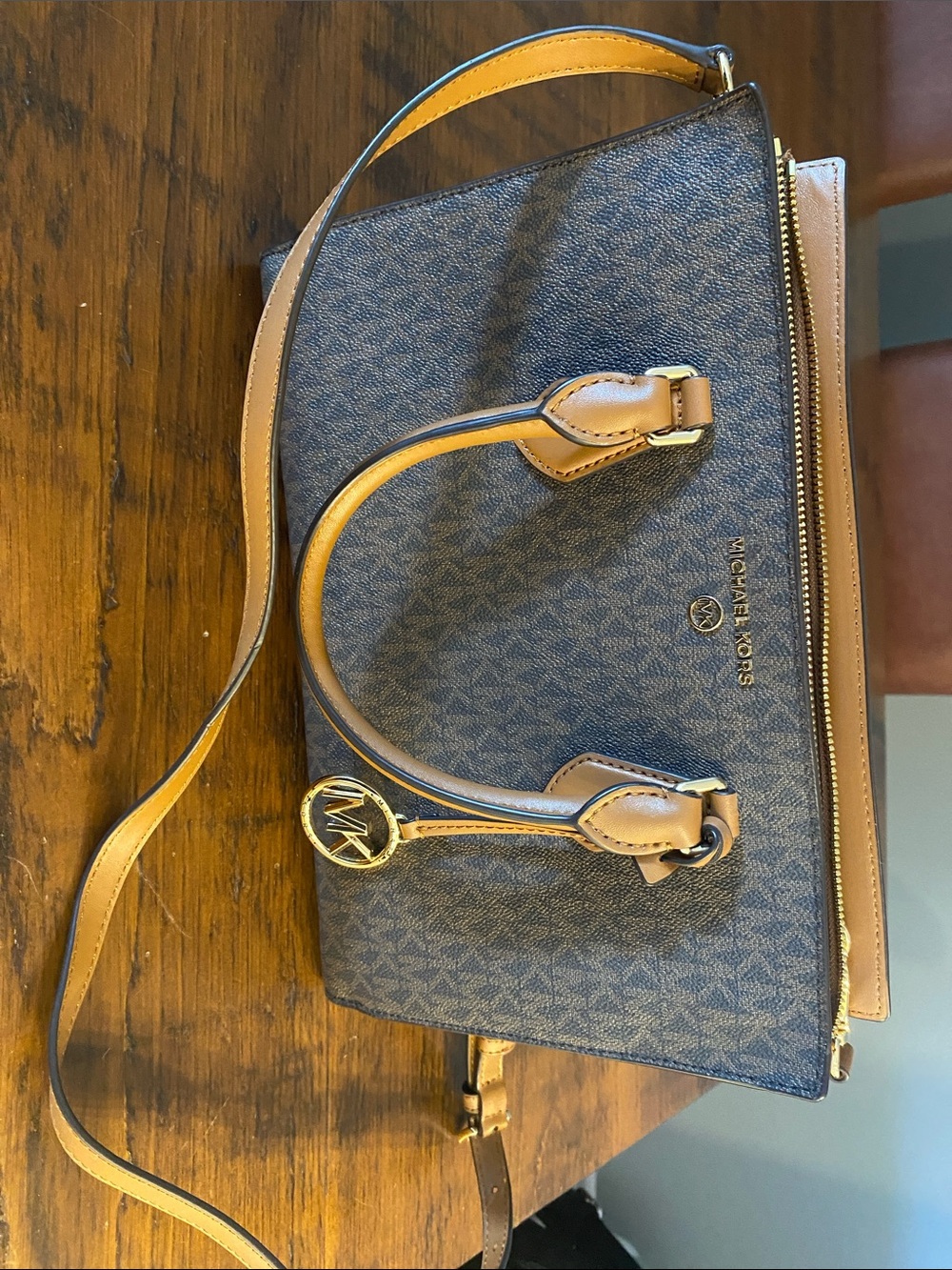 Michael Kors Logo Jacquard Satchel with Tan Trim